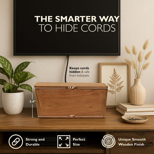Extra Large Cable Management Box - Acacia Wood - Cable Organizer Box and Power Strip Box for Electrical Cord Management - Hide Desk Cord and Floor Cables - Wire Storage and Organization for Cords
