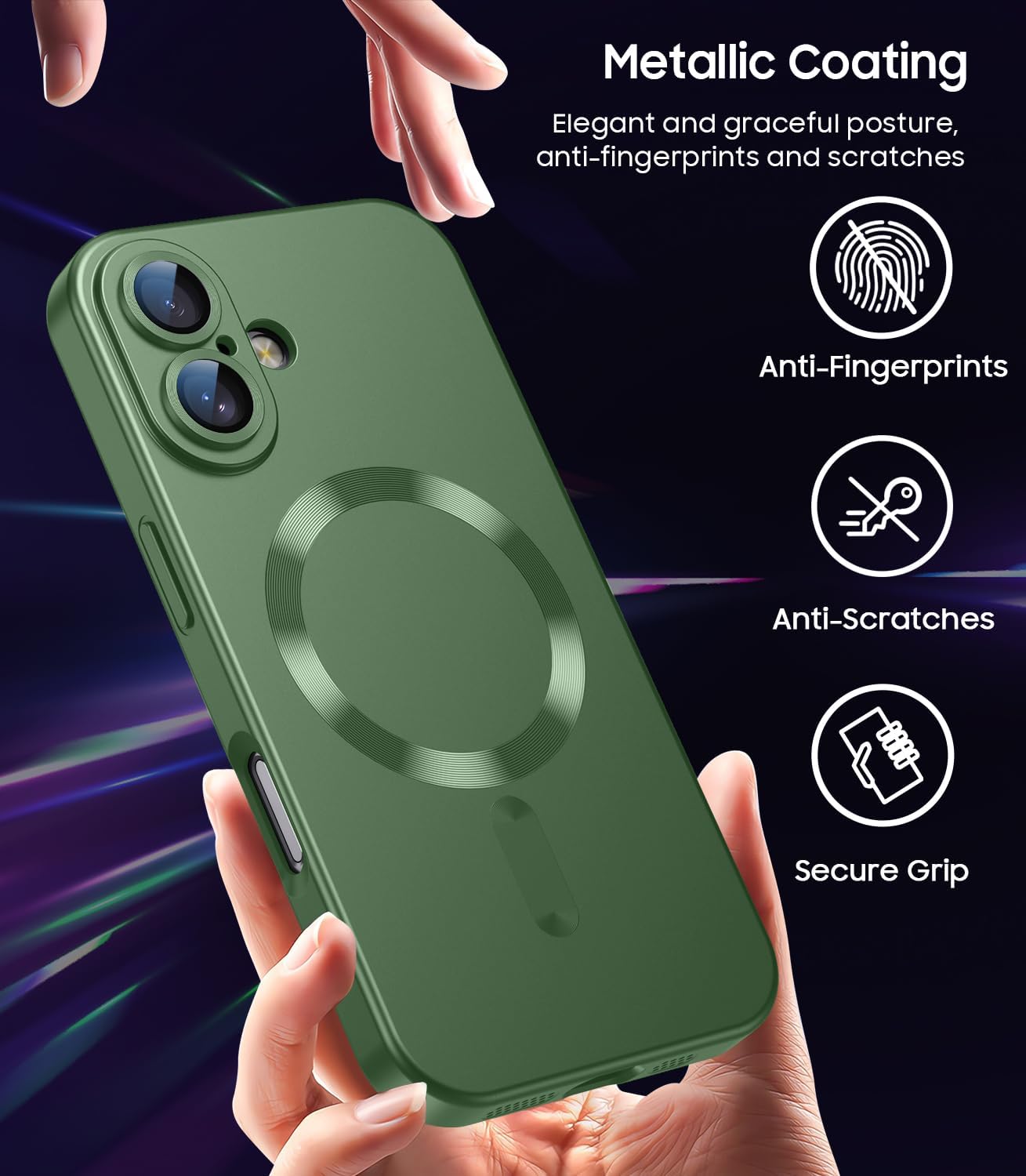 Magnetic for iPhone 16 Case [Compatible with MagSafe][Built-in Camera Lens Protector] Slim Soft Silicone Bumper Shockproof Metallic Luster Phone Case (Green)