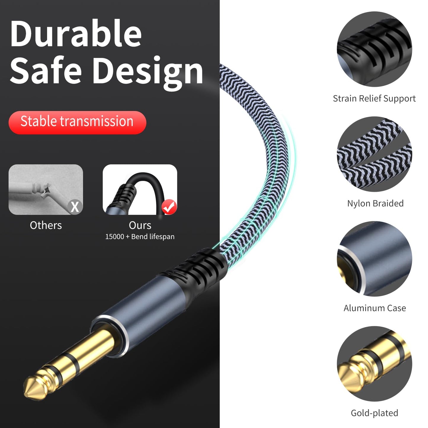 1/4 inch Extension Cable 40ft, 1/4"" inch Male to Female Stereo Headphone Guitar Extension Cable, Quarter inch Headphone Extension Cable, Grey