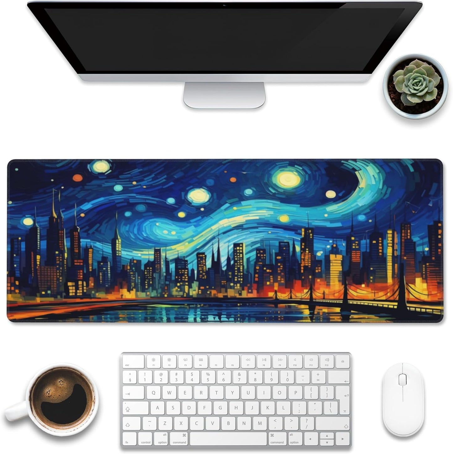Desk Pad,City Starry Night Desk Mat,Abstract Oil Painting Large Gaming Mouse Pad for Desk,Extended Big Computer Keyboard Mouse Pad with Non-Slip Base and Stitched Edge,31.5"x11.8"