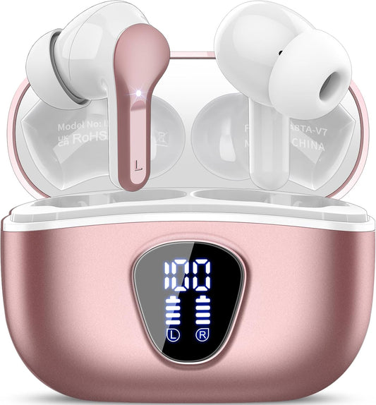 Wireless Earbuds, Bluetooth 5.4 Headphones HiFi Stereo, Bluetooth Earbuds with ENC Noise Cancelling Mic, IP7 Waterproof in Ear Earphones, 48H, LED Display Ear Buds for Pad Workout Sports, Rose Gold