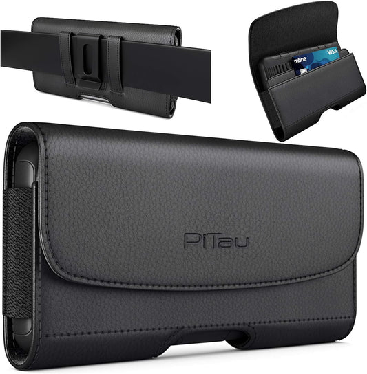 PiTau Holster for iPhone Pro Max & Plus 16, 15, 14, 13, 12, 11, 8, 7, 6, 6s, Xs Max, Cell Phone Case with Belt Clip ID Card Holder for Samsung Galaxy S25+ Note 10+, Fits with Otterbox, Black Large