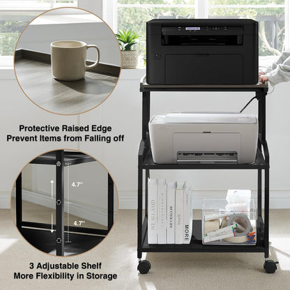 Lauren&Harold 34'' Printer Stand with Power Outlets & USB Ports, 3-Tier Adjustable Rolling Cart, Heavy Duty 150LBS Storage Table with Wheels for Office, Kitchen, Living Room, Black