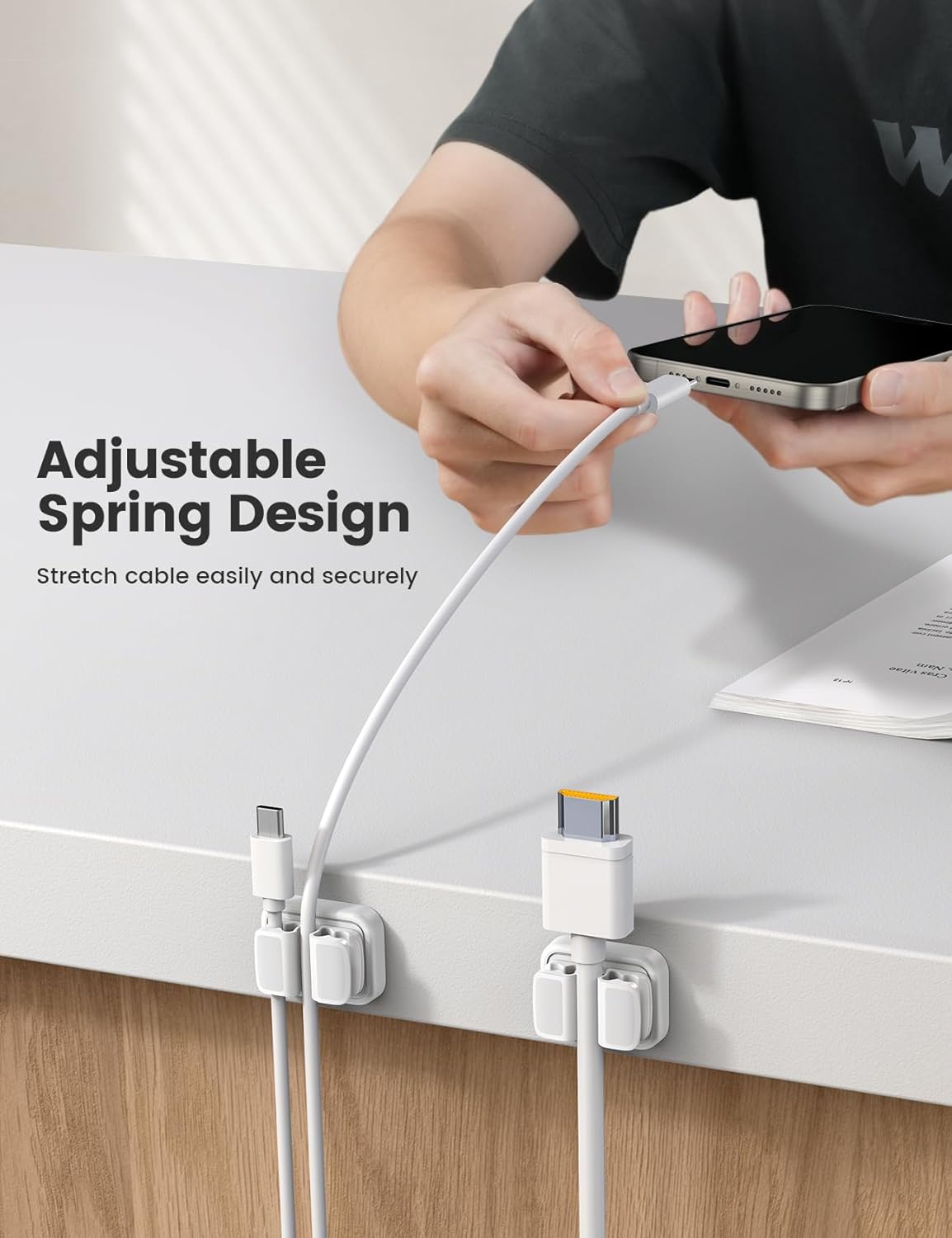 3-in-1 Cord Organizer Spring Clip Holder - Lamicall Small Desk Cable Organizer Clips, Adhesive Adjustable Wire Holder for Phone Charging Cord, Cable Management, Office Desk Accessories, White, 3Pcs