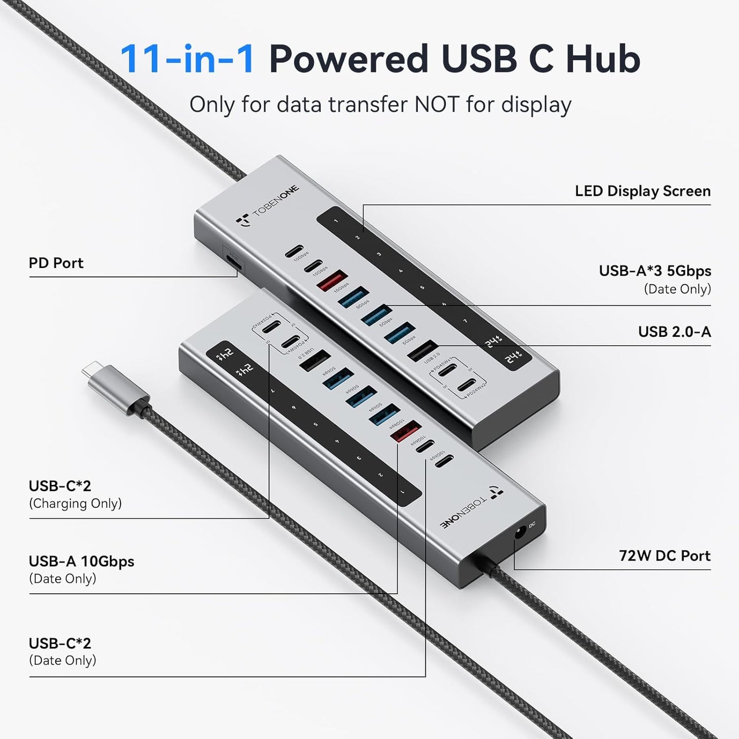 TobenONE Powered USB C Hub, 11-in-1 10Gbps USB C Splitter with 5 USB-A and 5 USB-C, 72W Adapter, 100W PD-IN, 45W USB C Charging Port, USB C Expander for Laptop/PC, MacBook, iPad,Phone(Not for Monitor)
