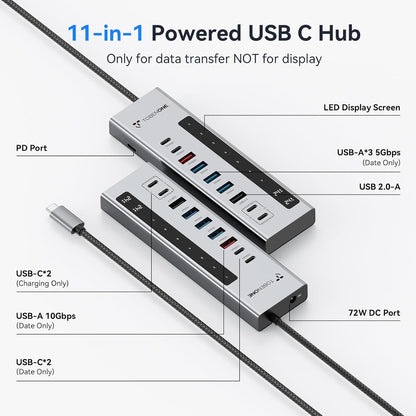 TobenONE Powered USB C Hub, 11-in-1 10Gbps USB C Splitter with 5 USB-A and 5 USB-C, 72W Adapter, 100W PD-IN, 45W USB C Charging Port, USB C Expander for Laptop/PC, MacBook, iPad,Phone(Not for Monitor)