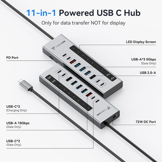 TobenONE Powered USB C Hub, 11-in-1 10Gbps USB C Splitter with 5 USB-A and 5 USB-C, 72W Adapter, 100W PD-IN, 45W USB C Charging Port, USB C Expander for Laptop/PC, MacBook, iPad,Phone(Not for Monitor)