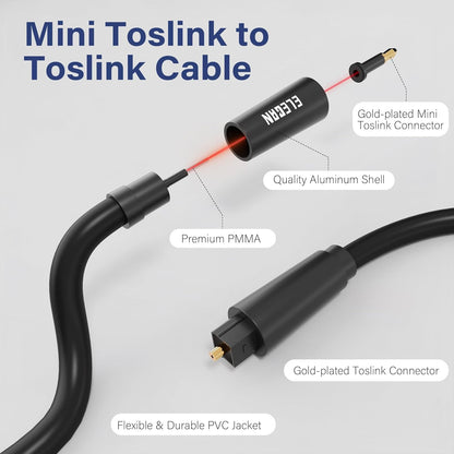 Elecan Mini Toslink to Toslink Digital Optical S/PDIF Audio Cable 35 Ft, Gold Plated Soft Flexible Fiber Optic Cable,Signal Protection PVC,Surround Sound for Soundbar,Home Theater,Hi-Fi System+Ties MI
