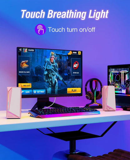 LENRUE Computer Speakers, USB/USB-C Powered PC Speakers with Loud Stereo Sound, Headphone-in for Desktop, iMac, MacBook, Laptop, Monitor (USB-C to USB Adapter Included) (Pink)