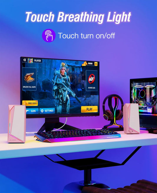 LENRUE Computer Speakers, USB/USB-C Powered PC Speakers with Loud Stereo Sound, Headphone-in for Desktop, iMac, MacBook, Laptop, Monitor (USB-C to USB Adapter Included) (Pink)