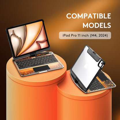 GUSGU Transparent Case with Wireless Keyboard only for 2024 iPad Pro 11-in.(M4), 7 Colors Backlight, Trackpad, 360°Rotating Stand for iPad Pro 11(5th Gen), Tech Style