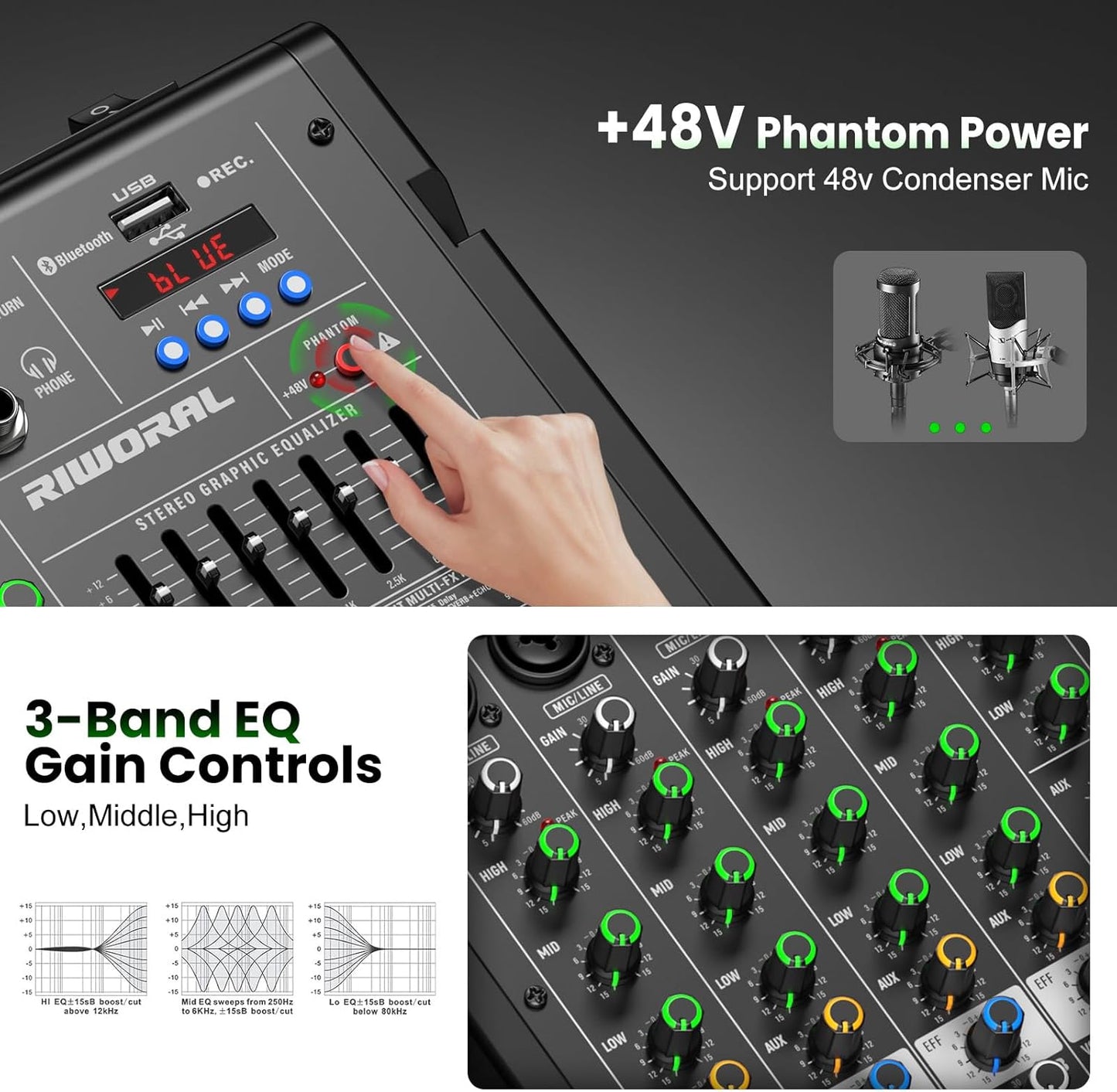 6 Channel Audio Interface Dj Mixer Soundboard Console 99 Dsp Reverb Delay Effect USB Bluetooth Studio Audio Mixer +48V Phantom Bluetooth for Karaoke Streaming Recording, Live Broadcast