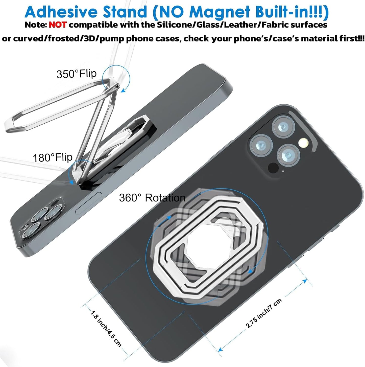 Phone Ring Holder Finger Kickstand, Upgraded 360° Rotation Metal Phone Grip for Magnetic Car Mount Foldable Cell Phone Stand Compatible with Most Smartphones