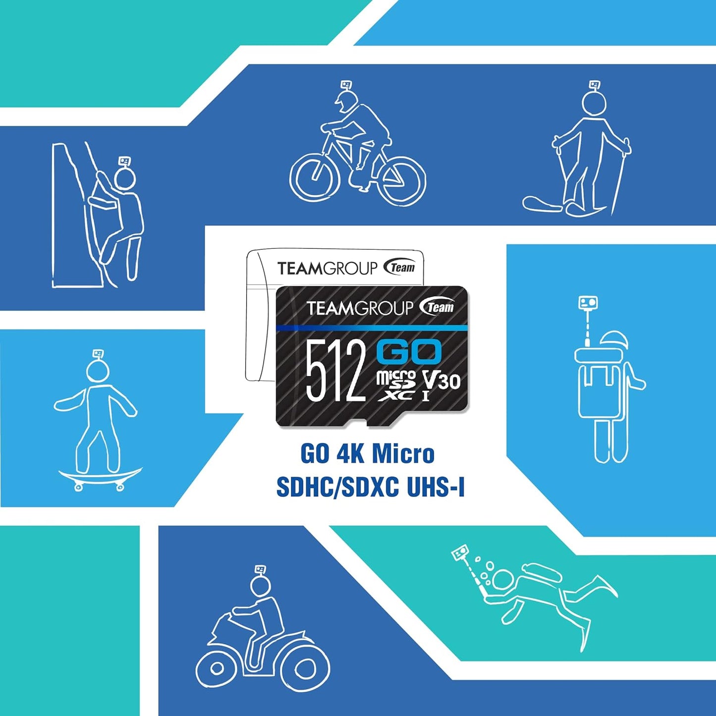 TEAMGROUP GO Card 512GB Micro SDXC UHS-I U3 V30 4K, R/W up to 100/90 MB/s for GoPro & Action Cameras High Speed Flash Memory Card for Outdoor, Sports, 4K Shooting TGUSDX512GU302