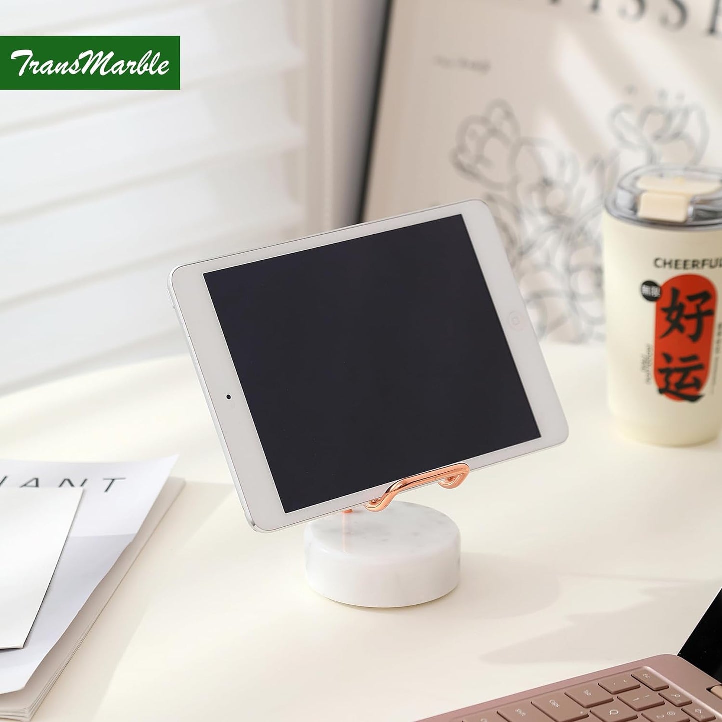 Marble Phone Stand with Metal Holder, Charging Available While Using, Swipe Up to Unlock, Made of Natural Marble as Business Card Holder for Office Desk (Starry White + Rose Gold)