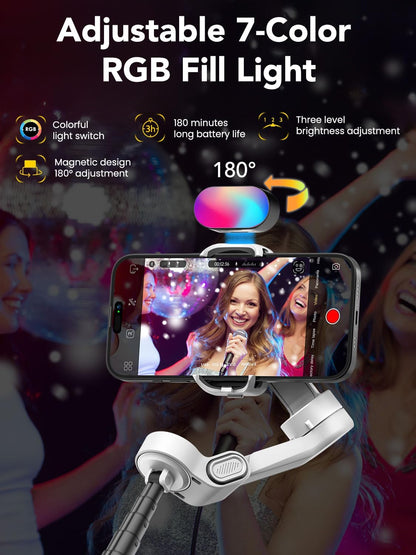 Smart X2 3-Axis Gimbal Stabilizer for Smartphone with Adjustable RGB Fill Light, Built-in 20cm Extension Pole Selfie Stick, OLED Screen for Night Shots, Video Recording,X2 KIT White