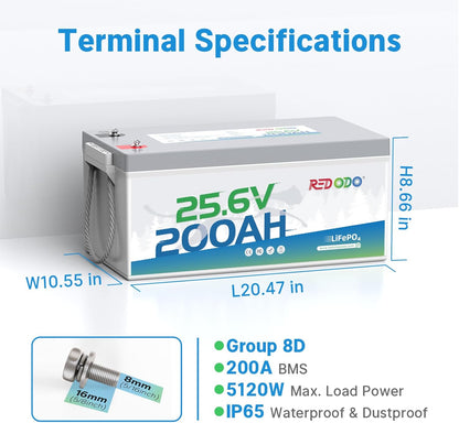 Redodo 24V 200Ah LiFePO4 Lithium Battery, Built in 200A BMS, Max. 5120Wh Energy, Up to 15000 Deep Cycle Lithium Battery, Perfect for Solar Home System, RV, Off Grid, Marine (2 Pack)