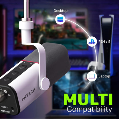 IXTECH Cardioid Dynamic Microphone with Mic Cover, Vocal USB XLR Microphone for Podcasting, Streaming, Recording, Gaming and Voice-Over (White)