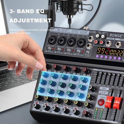 BOMGE 06A Professional 6 Channel DJ Audio Mixer, DJ Controller Sound Mixer with 99 DSP Effects,7-band EQ Independent 48V Bluetooth USB Interface Recording for Studio Stage Party Home Recording