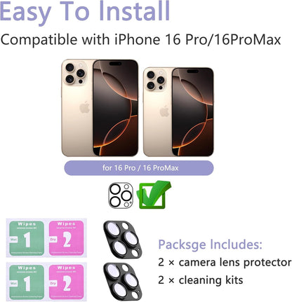 2 Pack Camera Lens Protector for iPhone 16 Pro/iPhone 16 Pro Max,[Not Easy to Breakn ] AR Tempered Glass Strong Adsorption Metal Camera Cover Screen-Black