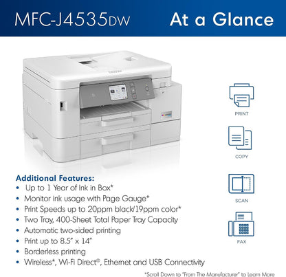 Brother MFC-J4535DW INKvestment -Tank All-in-One Color Inkjet Printer with NFC, Duplex and Wireless Printing Plus Up to 1-Year of Ink in-Box, White
