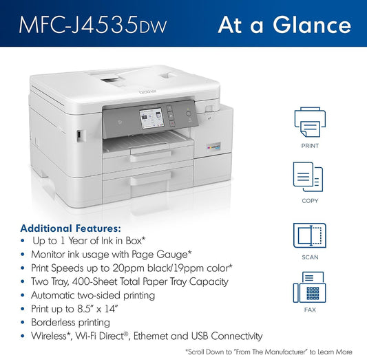 Brother MFC-J4535DW INKvestment -Tank All-in-One Color Inkjet Printer with NFC, Duplex and Wireless Printing Plus Up to 1-Year of Ink in-Box, White