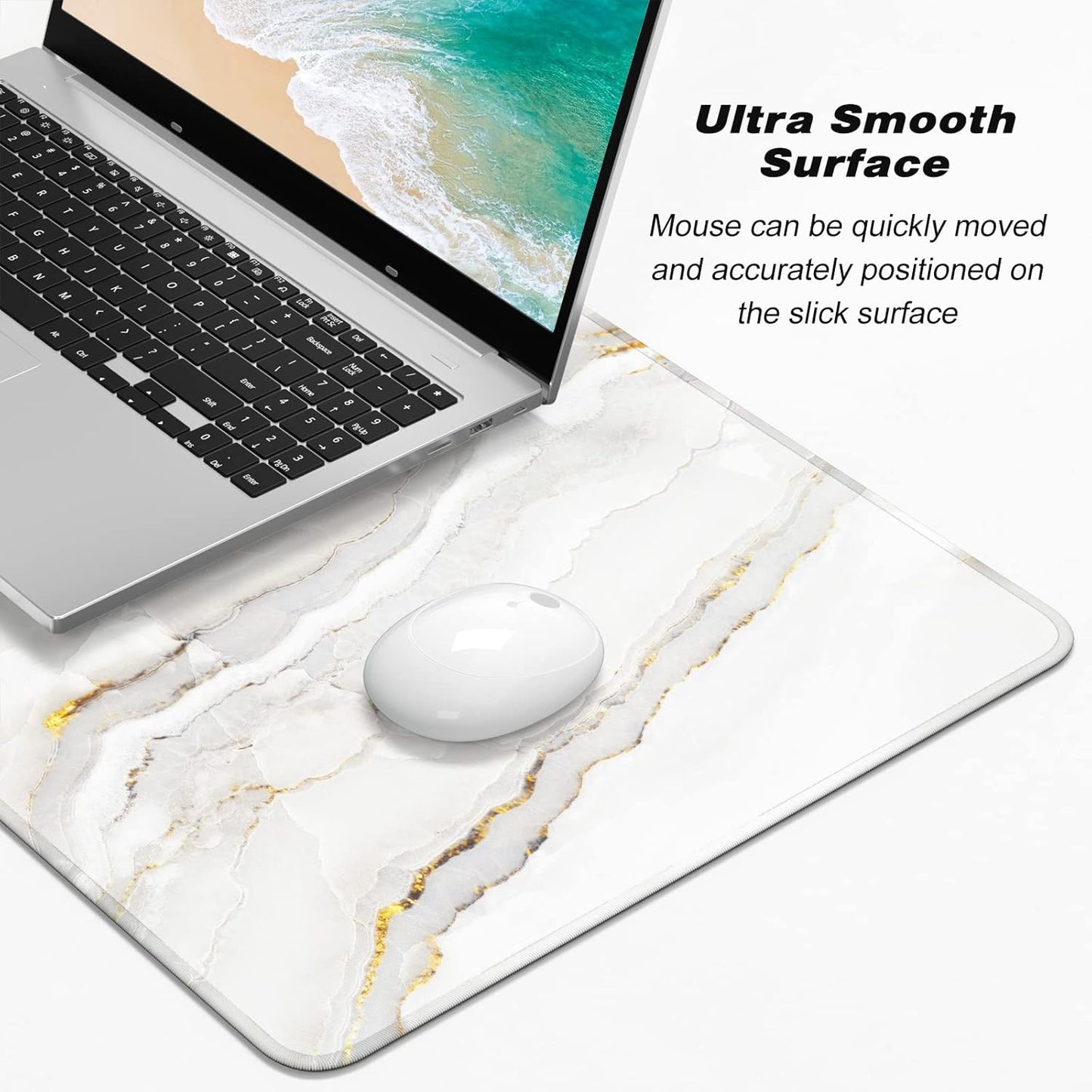 Extended Gaming Mouse Pad, XXL Large Desk Pad 30 x 14 Inch, Big Computer Keyboard Mousepad, Waterproof Mouse Mat with Stitched Edges and Non-Slip Base for Women Office Gaming, White Marble