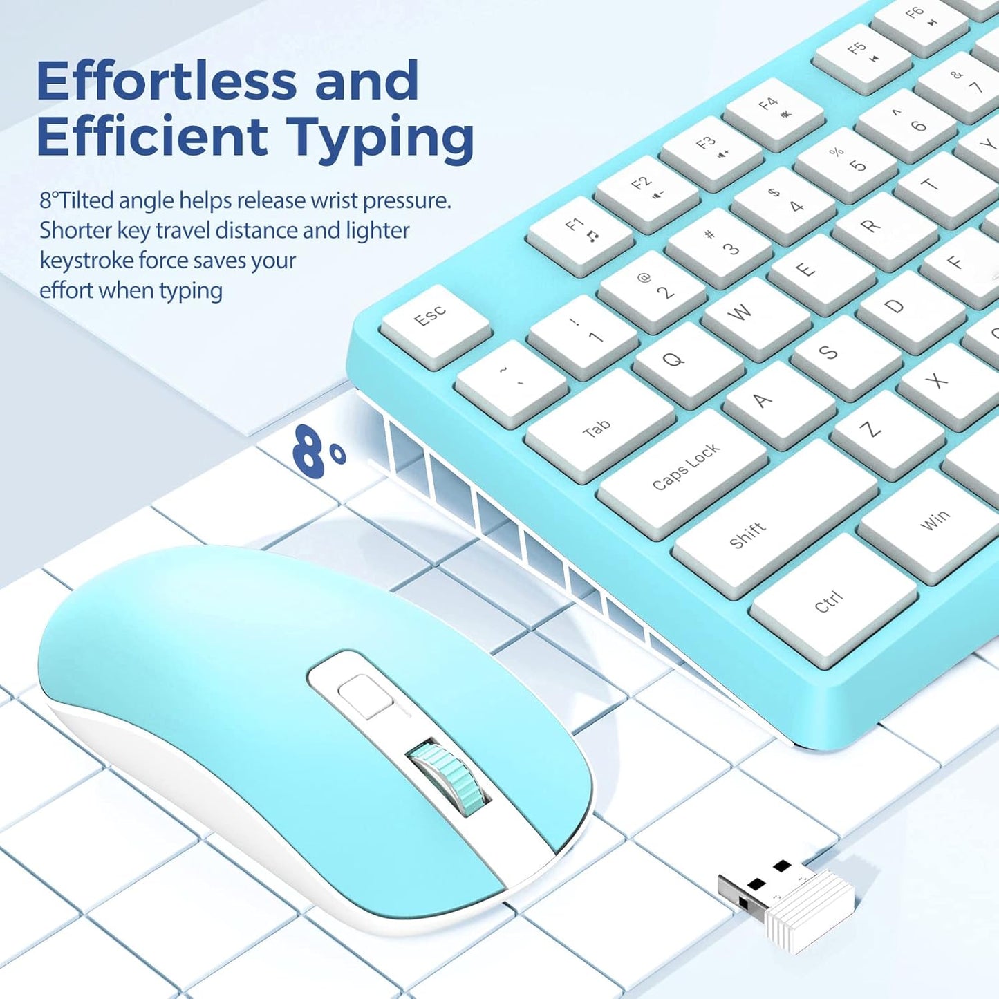 Wireless Keyboard and Mouse Combo, Lovaky 2.4G Full-Sized Ergonomic Keyboard Mouse, 3 DPI Adjustable Cordless USB Keyboard and Mouse, Quiet Click for Computer/Laptop/Windows/Mac (1 Pack, Blue)