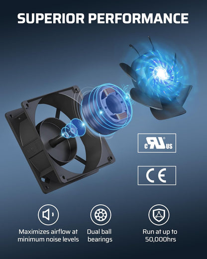 DEWENWILS 120V AC Muffin Fan, 120mm×38mm Exhaust Fan, Waterproof Case Cooling Fan with Speed Control, UL-Certified for DIY Cooling Exhaust Ventilation Needs, Flame-Resistant, 2 Pack