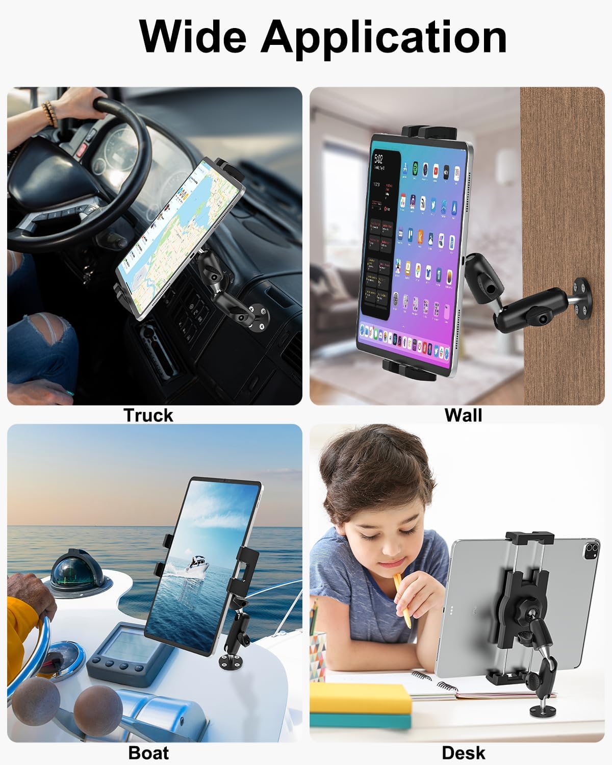 woleyi Aluminum Drill Base Tablet Holder for Car Dashboard - [360° Adjustable 2-Stage Arm] Heavy Duty Tablet Mount for Truck Car Mount Wall Desk, for iPad Pro/Air/Mini/Galaxy Tab/Z Fold, 4-13" Devices