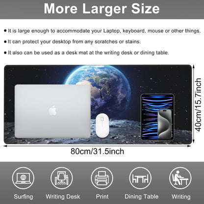 Mouse Pad, Large View of Earth from The Moon Surface Desk Mat, Extended Non-Slip Gaming Keyboard Mousepad Desk Pad, Thick Stitched Edges Waterproof Mouse Mat 31.5"x15.7" (Beautiful Blue Earth)