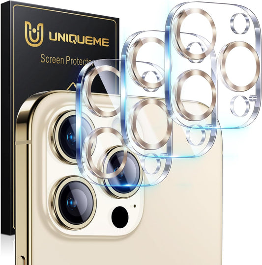 UniqueMe Compatible for 3 Pack iPhone 15 Pro/iPhone 15 Pro Max Camera Lens Protector, [Drop Protection] [Case Friendly] 9H Tempered Glass Camera Cover Screen [2023 New Version]- Gold