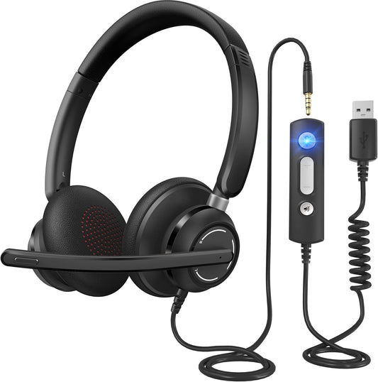 USB Headset with Microphone for PC, Wired Headphones with Noise Cancelling Mic, Computer Headset with in-line Controls, 3.5mm & USB Plug for Zoom, Skype, Call Center, Office Use, Black