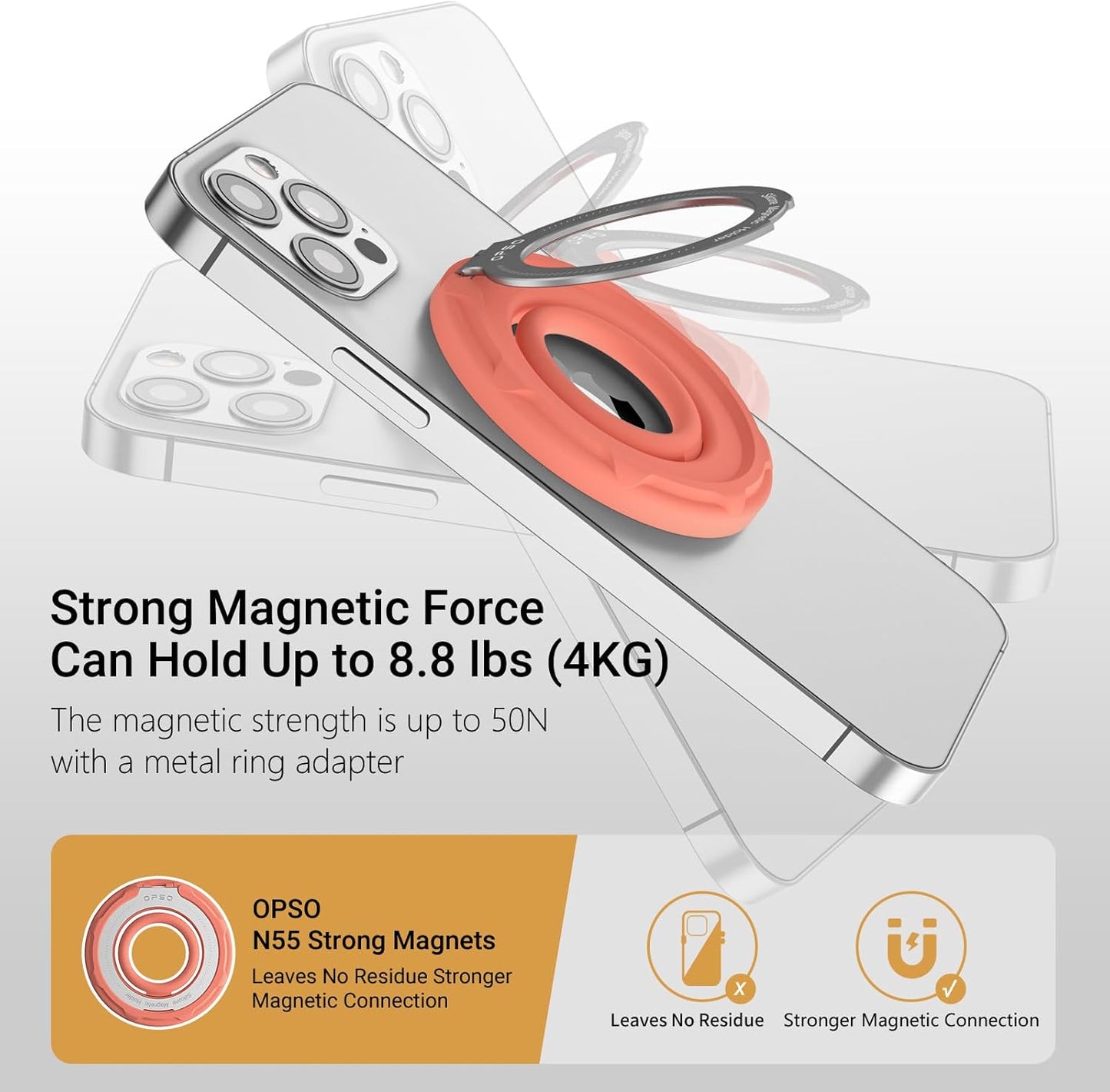 OPSO Magnetic Phone Ring Holder for MagSafe, 360 Degree Rotation Silicone Finger Ring Grip Stand Holder, Adjustable Kickstand, Compatible with iPhone 16 15 14 13 12/Pro/Max, Samsung and All Smartphone