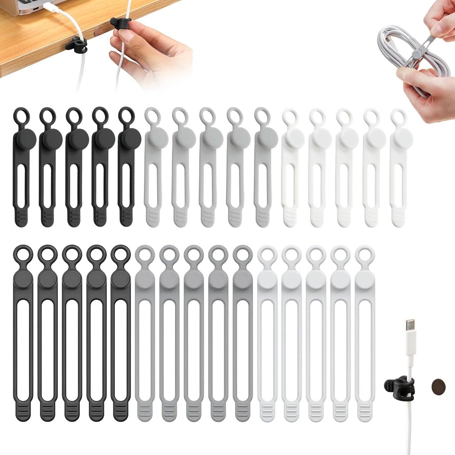 Silicone Cable Ties, Magnetic Data Cable Organizers Reusable Cable Ties Wire Organizer Adjustable Fastening Cable Straps Magnetic Silicone Cable Straps Cord Organizer for Bundling Earphone