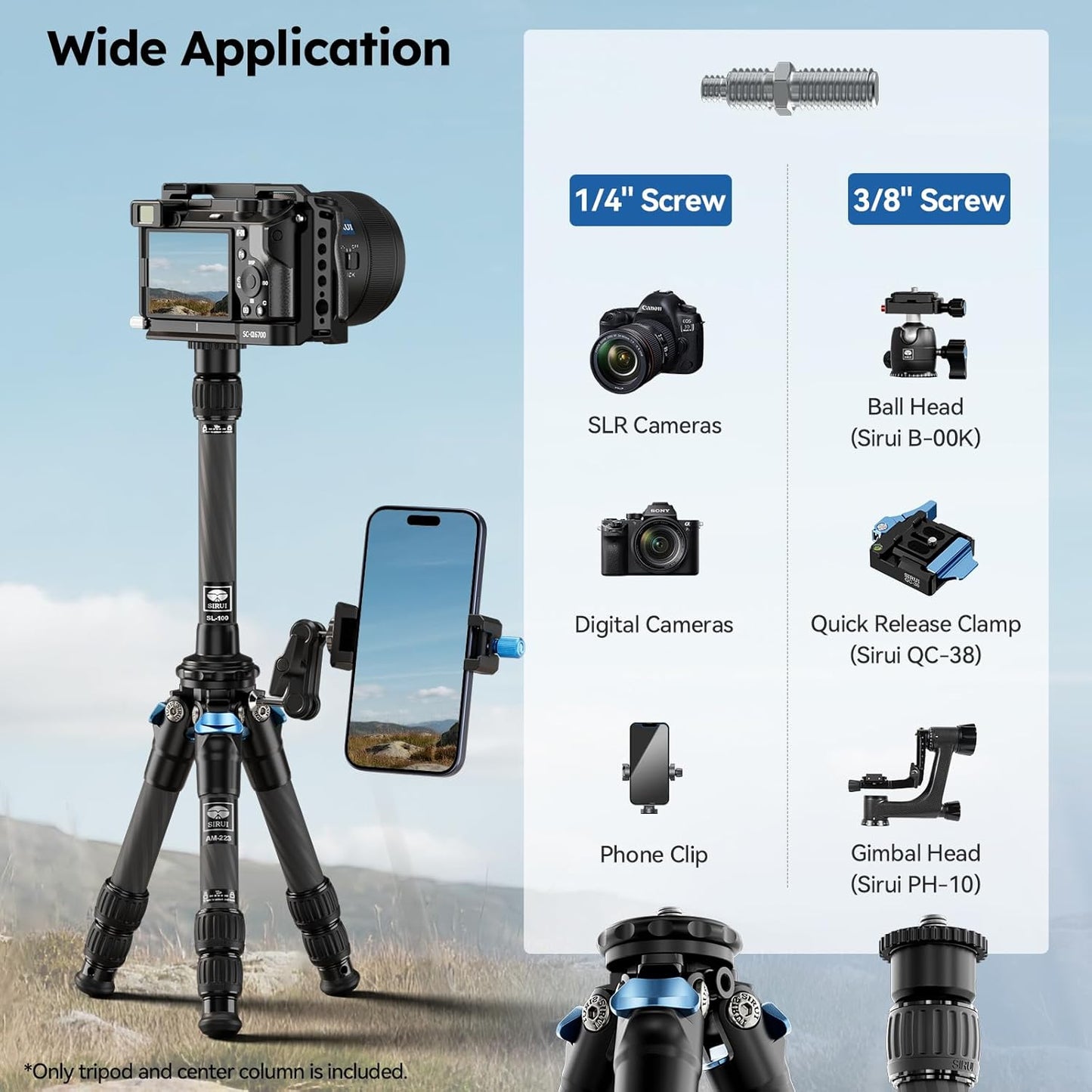 SIRUI Lightweight Carbon Fiber Mini Travel Tripod with Two-Section Center Column, Max Height 26", Supports 22lbs (AM-223+SL-100)