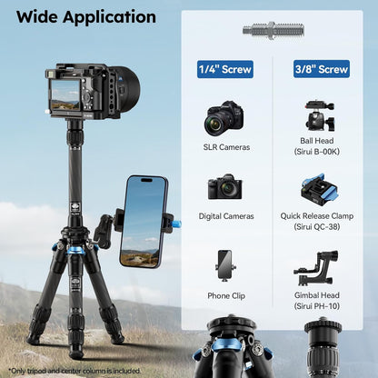 SIRUI Lightweight Carbon Fiber Mini Travel Tripod with Two-Section Center Column, Max Height 26", Supports 22lbs (AM-223+SL-100)