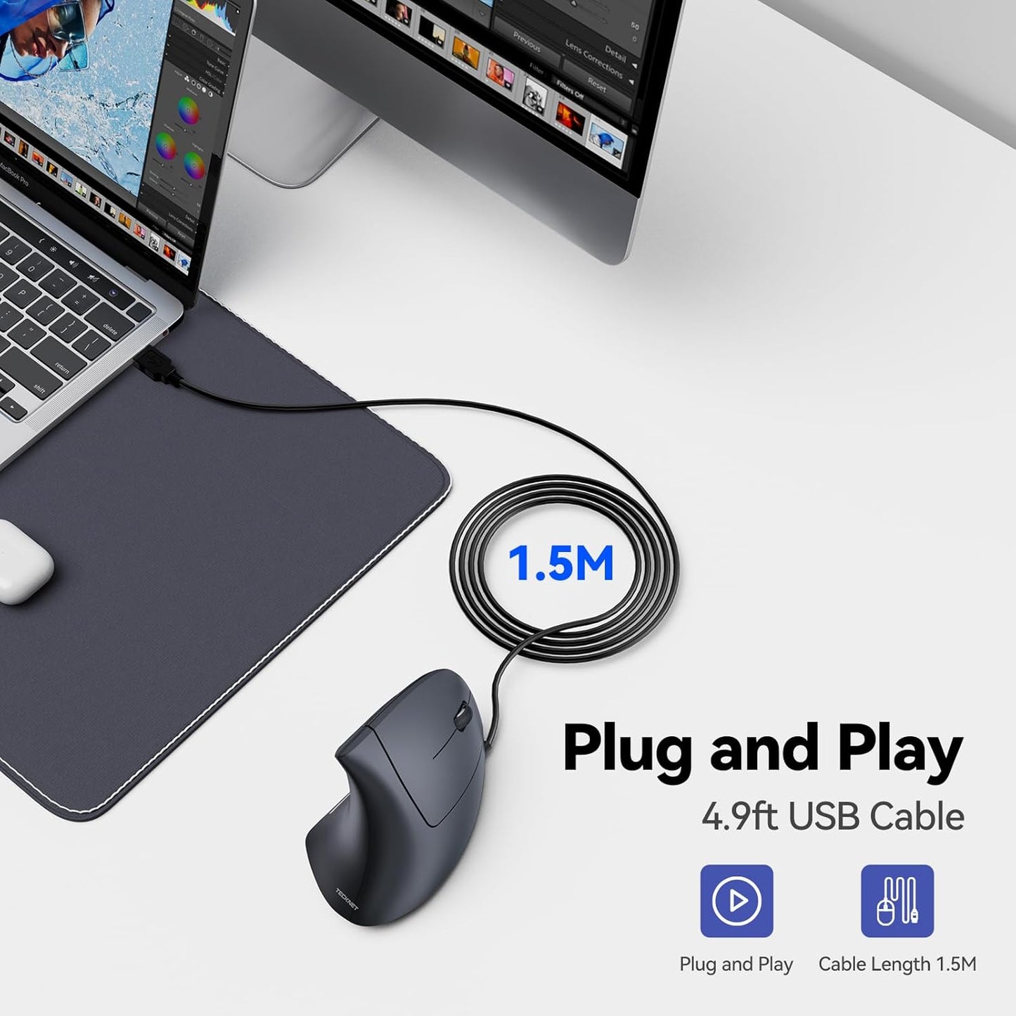 TECKNET Wired Mouse, 6400 DPI Ergonomic Mouse 6 Buttons Silent Mice 4 Adjustable DPI Vertical Mouse Compatible with Windows/Chrome/Laptop/Computer