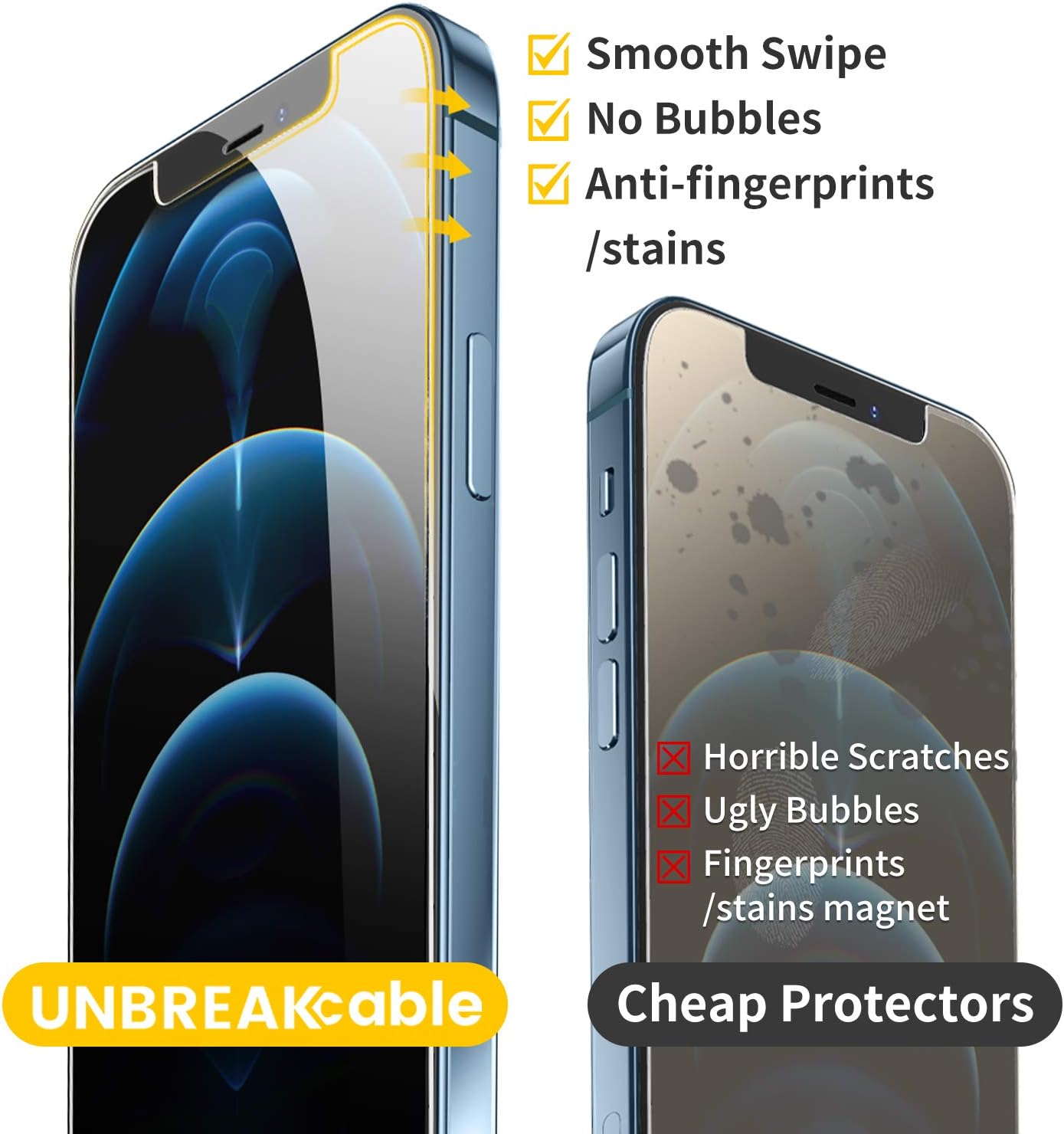 UNBREAKcable 3-Pack Screen Protector for iPhone 12 Pro Max, Double Shatterproof Tempered Glass [Easy Installation] [9H Hardness] [99.99% HD Clear] [Case Friendly] for iPhone 6.7 inch