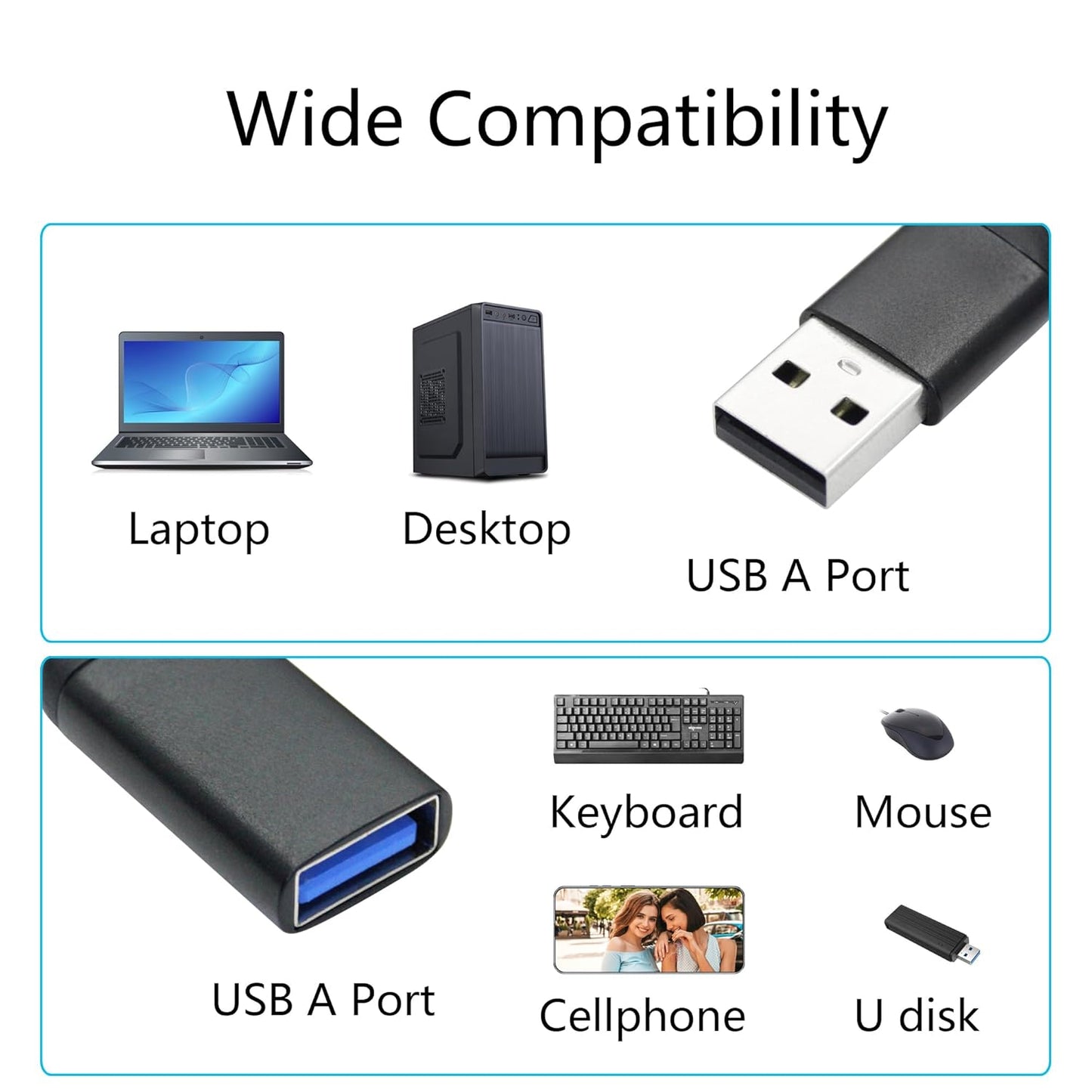 USB Splitter Cable 1FT, USB A Male to Dual USB A Female Y Splitter Adapter 1 in 2 Out, Power & Data with OTG Function Intelligent Chip, for Smartphone, Laptop, Car etc