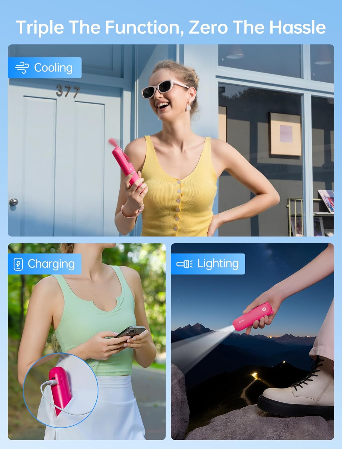 JISULIFE Handheld Mini Fan, 3 IN 1 USB Rechargeable Portable Fan [12-19 Working Hours] with Power Bank, Flashlight, Pocket Design for Travel/Summer/Concerts/Lash, Gifts for Women (Fuchsia)