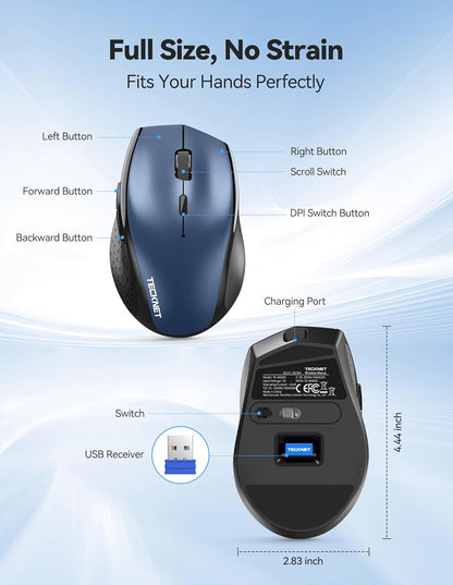 TECKNET Wireless Mouse Rechargeable,Mouse for Laptop Computer,2.4G USB Computer Mice Wireless,6 Button 6400 DPI Ergonomic Silent Mice,Portable Cordless Travel Mice-Wide Compatibility