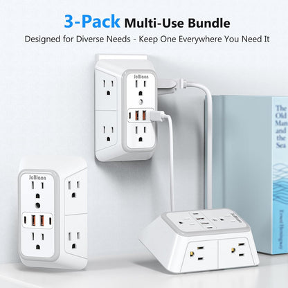 3 Pack Surge Protector Outlet Extender, 6 Outlet Splitter with 4 USB Ports (2 USB C), Multi Plug Wall Outlet 1050J Power Strip, USB Wall Charger for Home Office Kitchen Travel