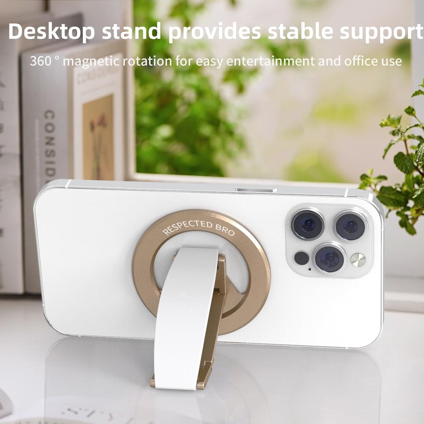 Magnetic-Phone-Grip-Stand, Magnetic Phone Ring Holder Kickstand with Silicone Finger Strap, Compatibility for iPhones, Androids, and More (White)