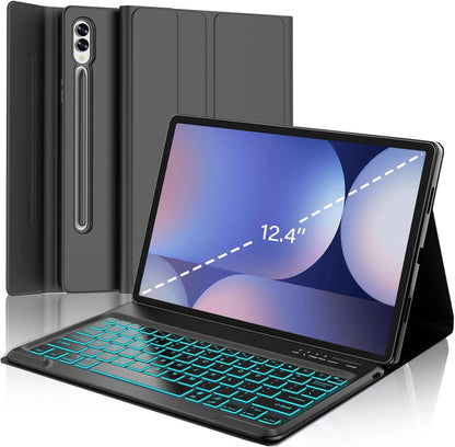 Galaxy Tab S9 FE+/ S9+ /S10+ 12.4 Inch Case with Keyboard, 7-Color Backlit Keyboard with S Pen Holder for Samsung Tab S10 Plus/S9FE Plus 5G 12.4" Black