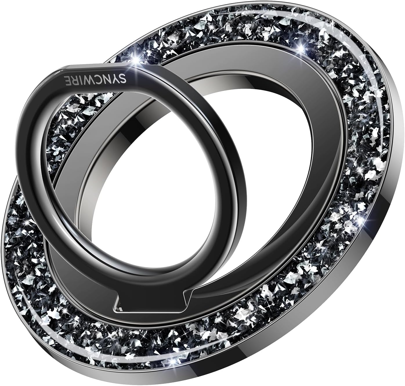 SYNCWIRE Magnetic Phone Ring Holder for MagSafe - Glitter Phone Grip Stand with 360° Rotation & Reinforced Hinge, Compatible with iPhone 16 15 14 13 Pro Max Plus MagSafe Accessories - Glitter Black