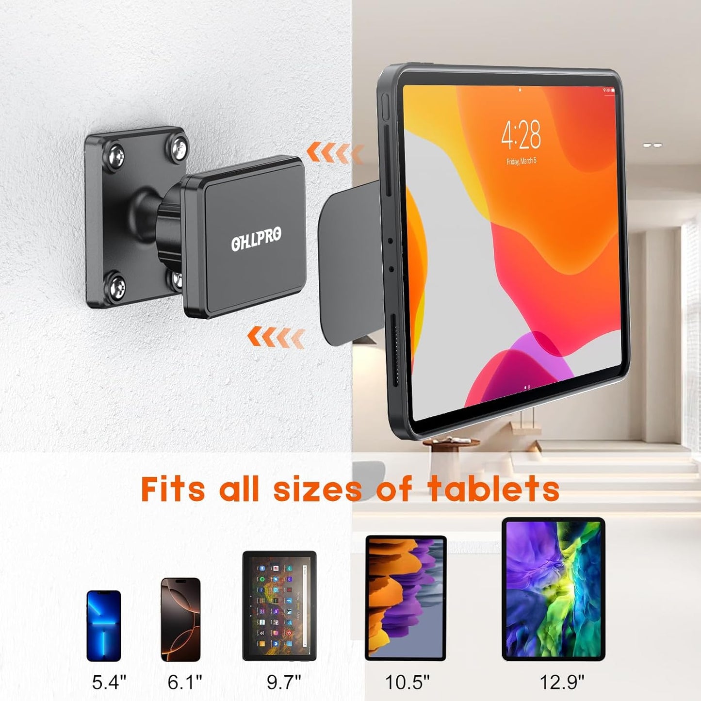 OHLPRO Magnetic Tablet Wall Mount Holder, 360° Rotatable Drilling Base iPad Wall Holder with 2 Metal Plate, Strong Magnet Fits Tablet, Stand for Wall, Boat and Cabinet