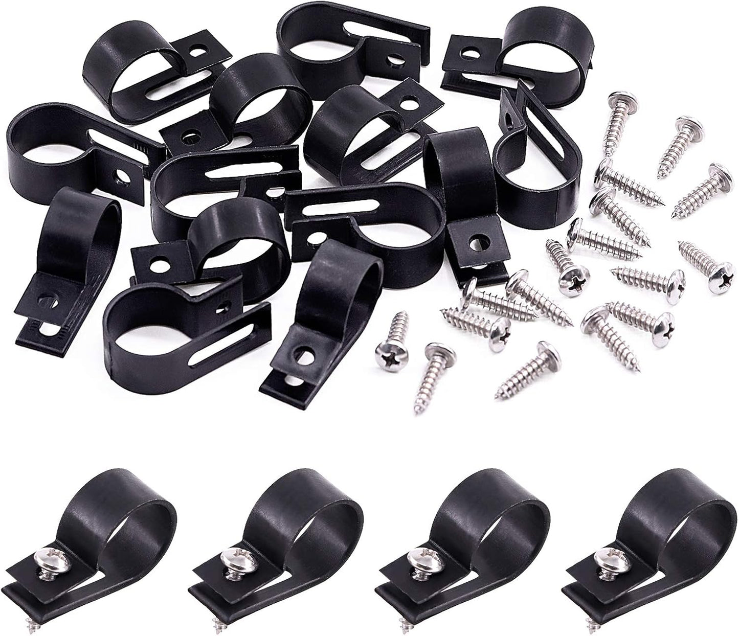 Swpeet 120 Pack White 3/4 Inch Nylon Plastic R-Type Cable Clips Clamp Kit, Nylon Screw Mounting Cord Fastener Clips with 120 Pack Screws for Wire Management (3/4 Inch, Black)