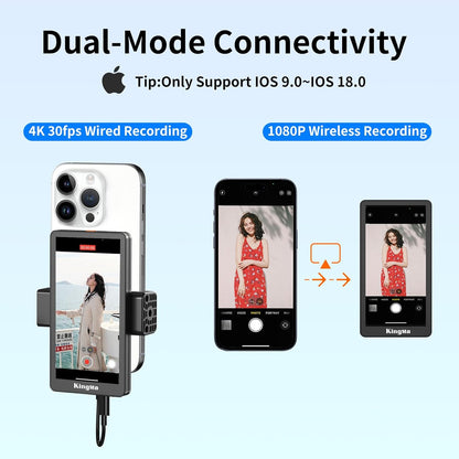 King Ma 5" Phone Vlog Selfie Monitor Screen,Back Camera Monitor for iPhone with Magnetic Phone Clip & Bluetooth Remote for Vlog/Live Stream/Teleprompter/TikTok,Support 4K 30fps Wired Recording