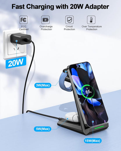 NANAMI Wireless Charger for Google - 3 in 1 Wireless Charging Station Fast Charger Stand Dock for Pixel 9 Pro XL/9/Fold/8/7/7A/6,Buds Pro 2/Pro, Watch 3/2,Fitbit Versa 4/Sense 2(Not for Pixel Watch 1)